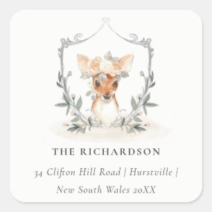 Elegantes Niedliches Dusky Deer Floral Wappen Quadratischer Aufkleber