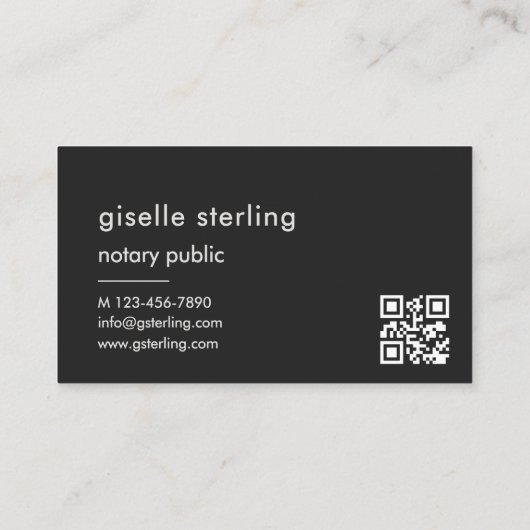 Elegantes Notar Public Black QR Code Monogramm Visitenkarte (Rückseite)