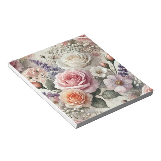 Elegantes Notizbuch mit rosa und weißen Rosenmuste Notizblock (angewinkelt)