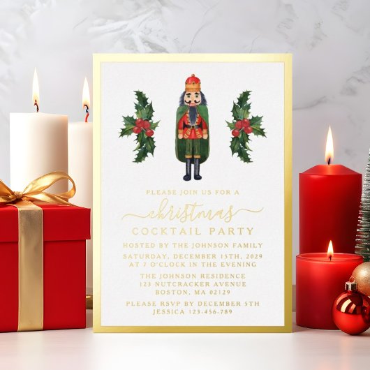 Elegantes Nutcracker Weihnachtscocktail Party Gold Folieneinladung