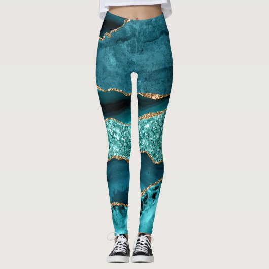 Elegantes Ocean Agate mit Aquamarinem und Gold Gli Leggings (Vorderseite)
