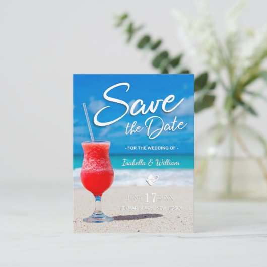 Elegantes Ocean Beach Summer Drink Save the Date Ankündigungspostkarte (Stehend Vorderseite)