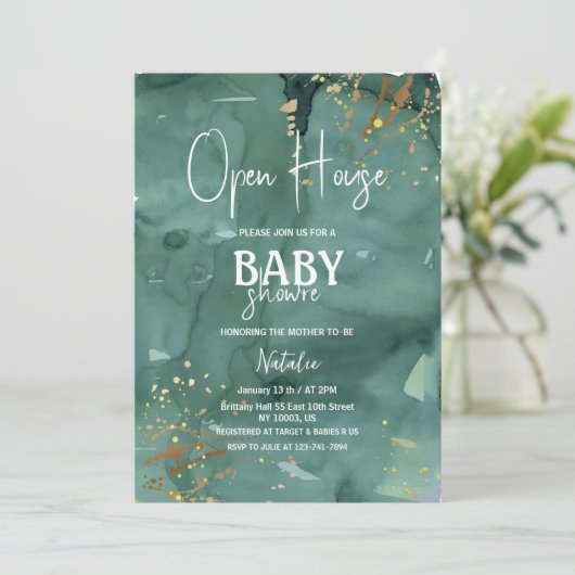 Elegantes, offenes Haus Babydusche Einladung (Stehend Vorderseite)