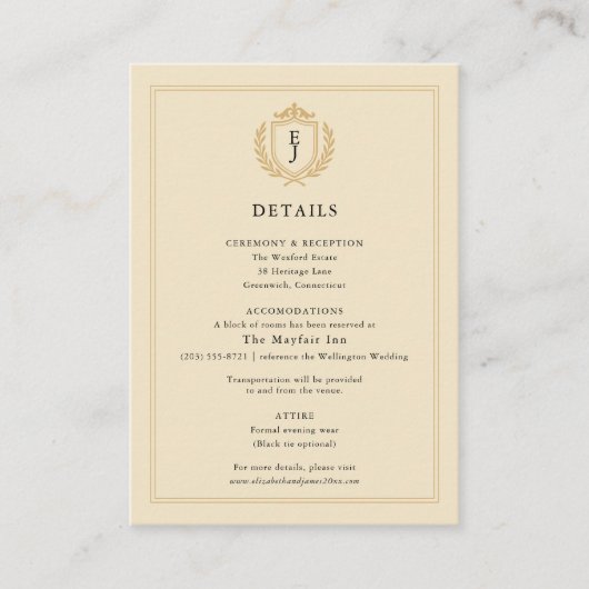 Elegantes Old Money Wappen - Hochzeit von Elfenbei Begleitkarte (Vorderseite)