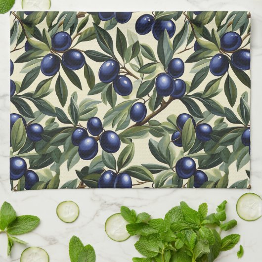 Elegantes Olive Branch Muster mit Deep Blue Olives Geschirrtuch (Gefaltet)