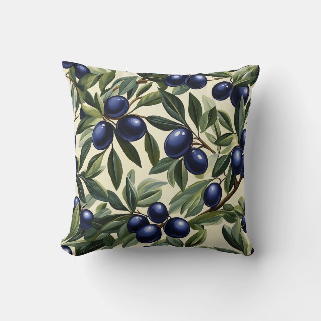 Elegantes Olive Branch Muster mit Deep Blue Olives Kissen (Vorderseite)