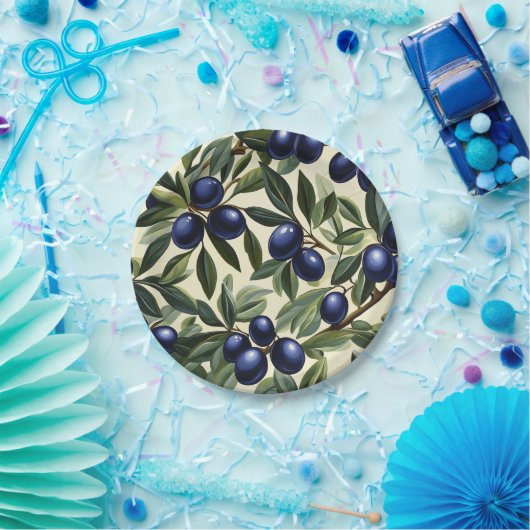 Elegantes Olive Branch Muster mit Deep Blue Olives Pappteller (Party)