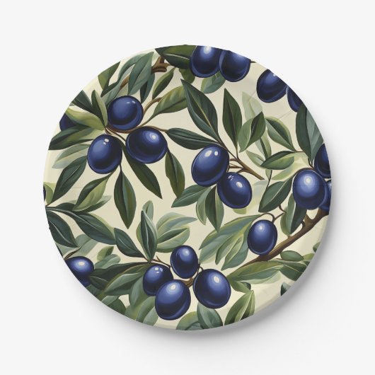 Elegantes Olive Branch Muster mit Deep Blue Olives Pappteller (Vorderseite)