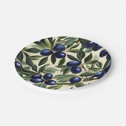 Elegantes Olive Branch Muster mit Deep Blue Olives Pappteller (Schrägansicht)