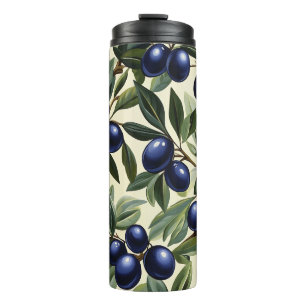 Elegantes Olive Branch Muster mit Deep Blue Olives Thermosbecher
