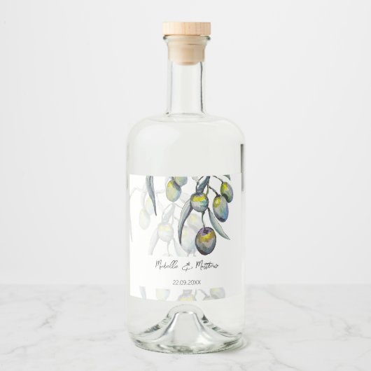 Elegantes Olive Branch Wasserfarbe Personalisiert Alkoholflaschenetikett (Vorderseite)