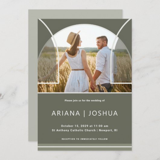 Elegantes Olive Foto Hochzeit Einladung (Vorne/Hinten)