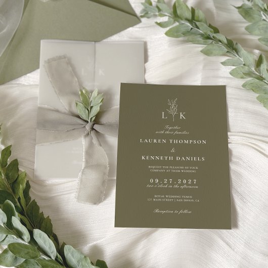 Elegantes Olive Green Leaf Monogram Wedding Einladung