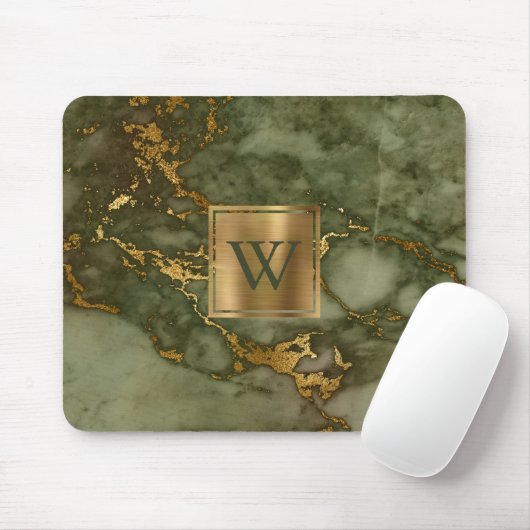Elegantes Olive Green Marble Gold Monogramm Mousepad (Mit Mouse)