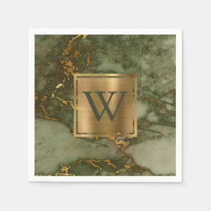 Elegantes Olive Green Marble Gold Monogramm Serviette