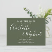 Elegantes Olive Green Signature Script-Foto Save The Date (Stehend Vorderseite)