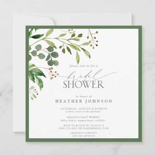 Elegantes Olive Green Watercolor Brautparty Einladung (Vorderseite)