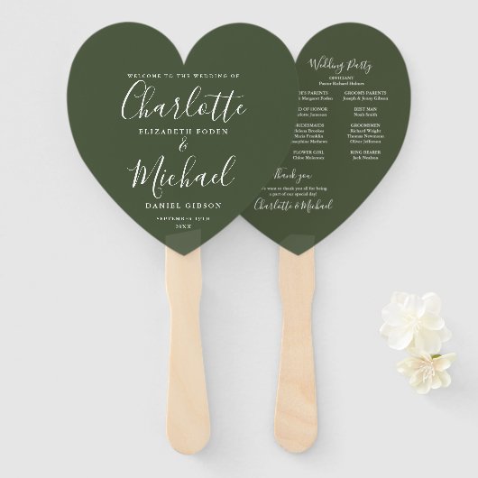 Elegantes Olive Green Wedding Program Herz Fächer (Vorne und Hinten)