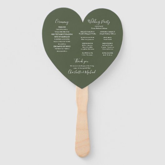 Elegantes Olive Green Wedding Program Herz Fächer (Rückseite)