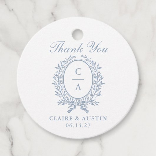 Elegantes Olive Leaf Wappen Blue Wedding Monogram Geschenkanhänger (Vorderseite)