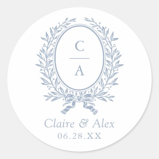 Elegantes Olive Leaf Wappen Blue Wedding Monogram Runder Aufkleber (Vorderseite)