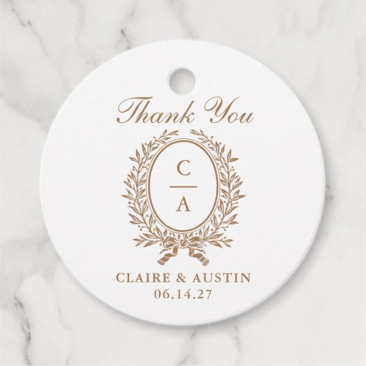 Elegantes Olive Leaf Wappen Gold Wedding Monogram Geschenkanhänger (Vorderseite)