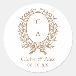 Elegantes Olive Leaf Wappen Gold Wedding Monogram Runder Aufkleber