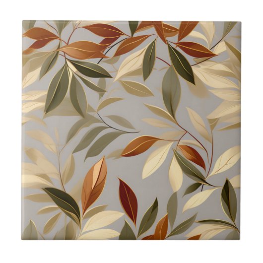 Elegantes Olive- und Gold-Blätter-Muster Fliese (Vorderseite)