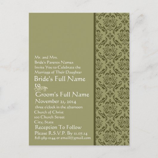 Elegantes Olive & White Damask Einladung (Vorderseite)
