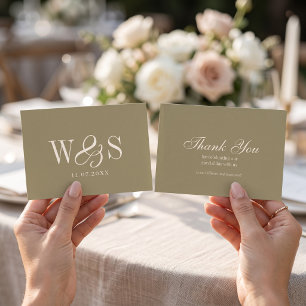 Elegantes Oliven Grün Anfangsbuchstabe Hochzeitspa Dankeskarte