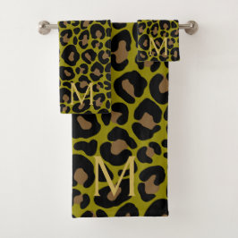 Elegantes Oliven Grün Leopard Monogramm Badhandtuch Set