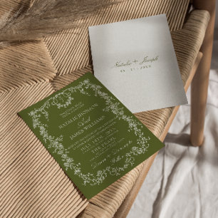 Elegantes Oliven Grünes Garten Monogramm Hochzeit Einladung