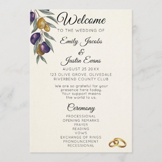 Elegantes Oliven-Wasserfarben-Hochzeitsprogramm Programm (Vorderseite)