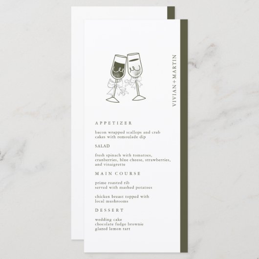 Elegantes Olivenholz Grüne Hochzeit Menükarte (Vorne/Hinten)