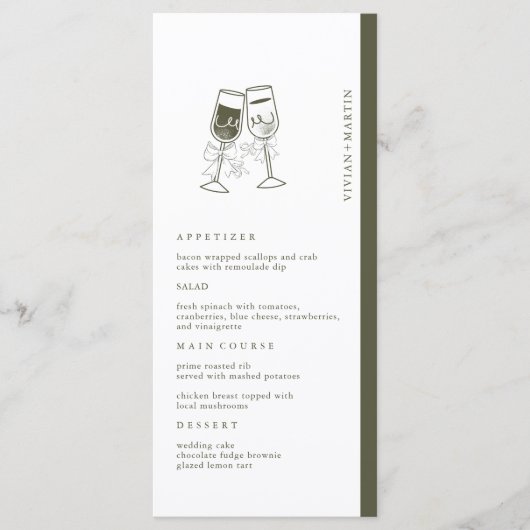 Elegantes Olivenholz Grüne Hochzeit Menükarte (Vorderseite)