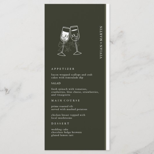 Elegantes Olivenholz Grüne Hochzeit Menükarte (Vorderseite)