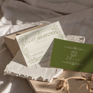 Elegantes, olivgrünes, romantisches Hochzeitsthema RSVP Karte