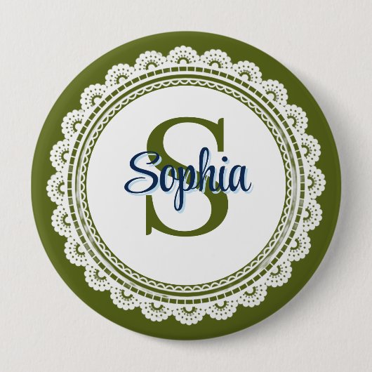 Elegantes olivgrünes vintage-Spitzen-Monogramm-Nam Button (Vorderseite)