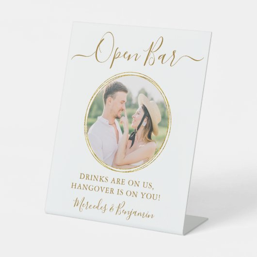 Elegantes Open Bar Personalisiert Gold Foto Hochze Sockelschild (Vorderseite)