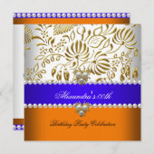 Elegantes Orange Blue Gold Damask Pearl Party Einladung (Vorne/Hinten)
