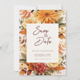 Elegantes Orange-Blume-Rahmen Hochzeitsszitat-Foto Save The Date