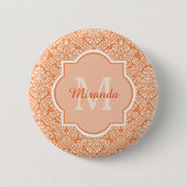 Elegantes Orange Damask Muster Monogramm und Name Button (Vorderseite)
