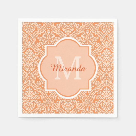 Elegantes Orange Damask Muster Monogramm und Name Serviette (Vorderseite)