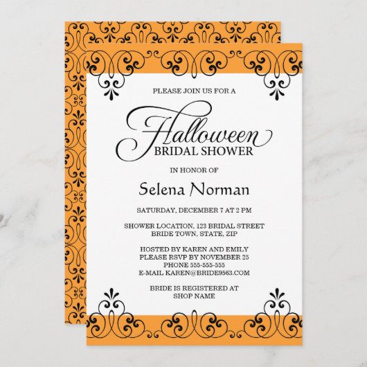 Elegantes orange Damast Halloween-Brautparty Einladung (Vorne/Hinten)
