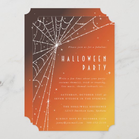 Elegantes Orange Diamond Spider Web Halloween-Part Einladung (Vorne/Hinten)