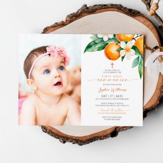 Elegantes Orange Foto Erste Heilige Kommune Einladung