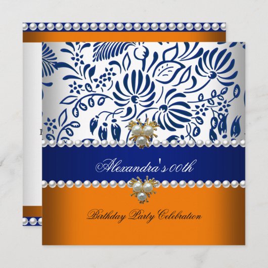 Elegantes Orange Navy Blue Damask Pearl Party 2 Einladung (Vorne/Hinten)