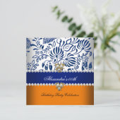 Elegantes Orange Navy Blue Damask Pearl Party 2 Einladung (Stehend Vorderseite)