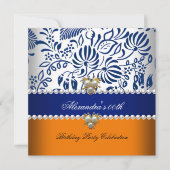 Elegantes Orange Navy Blue Damask Pearl Party 2 Einladung (Vorderseite)