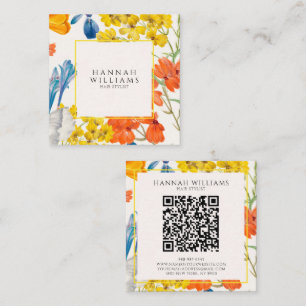 Elegantes Orange QR Code Blumenmuster Modernes Quadratische Visitenkarte